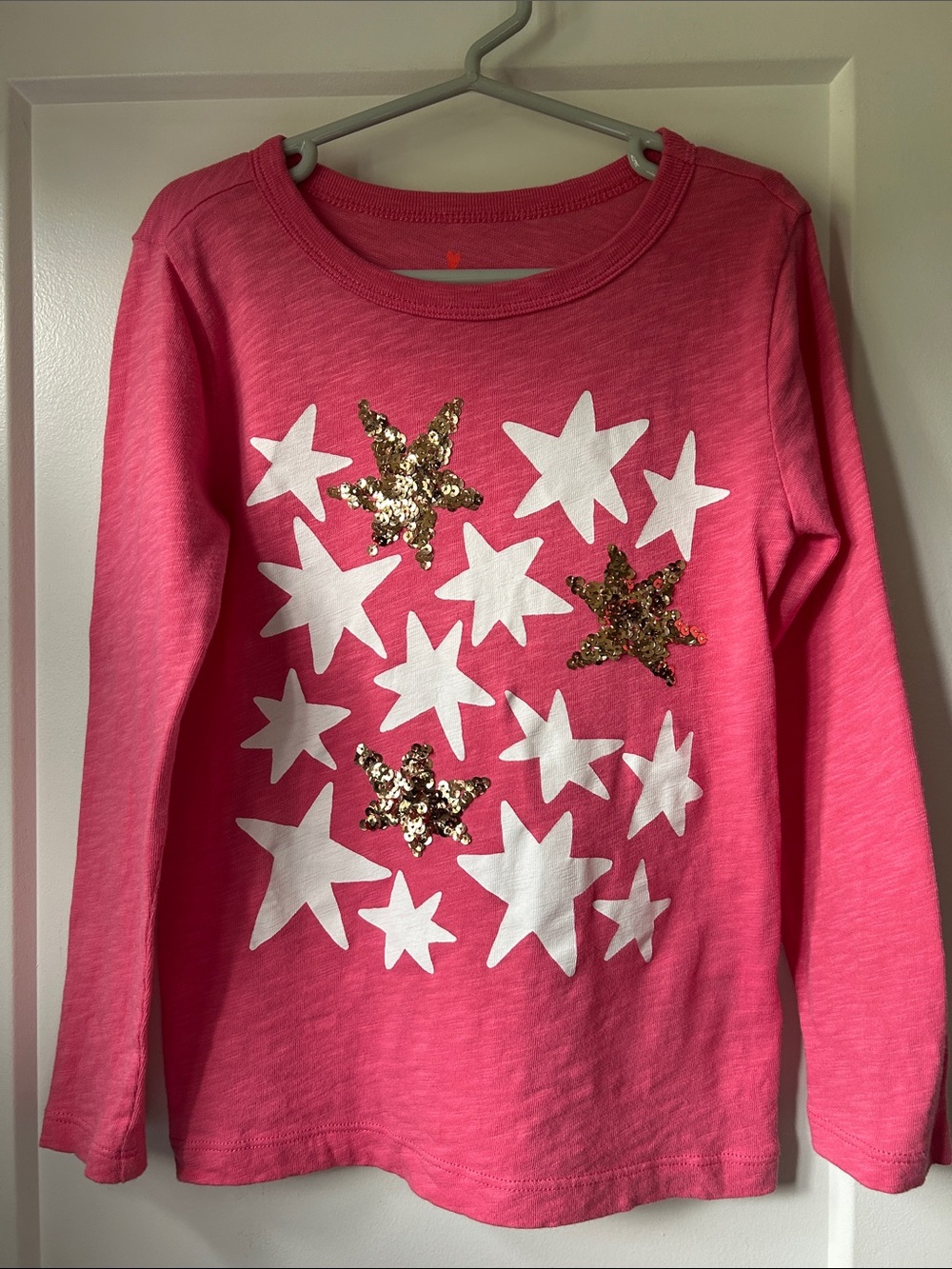 Crewcuts Hot Pink Long Sleeve Tee with White Stars & Gold Sequin Accents
